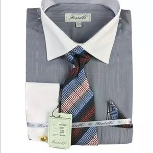 Fratello Men's Gray White Dress Shirt Combo Pack French Cuffs Sizes 17.5 or 19.5